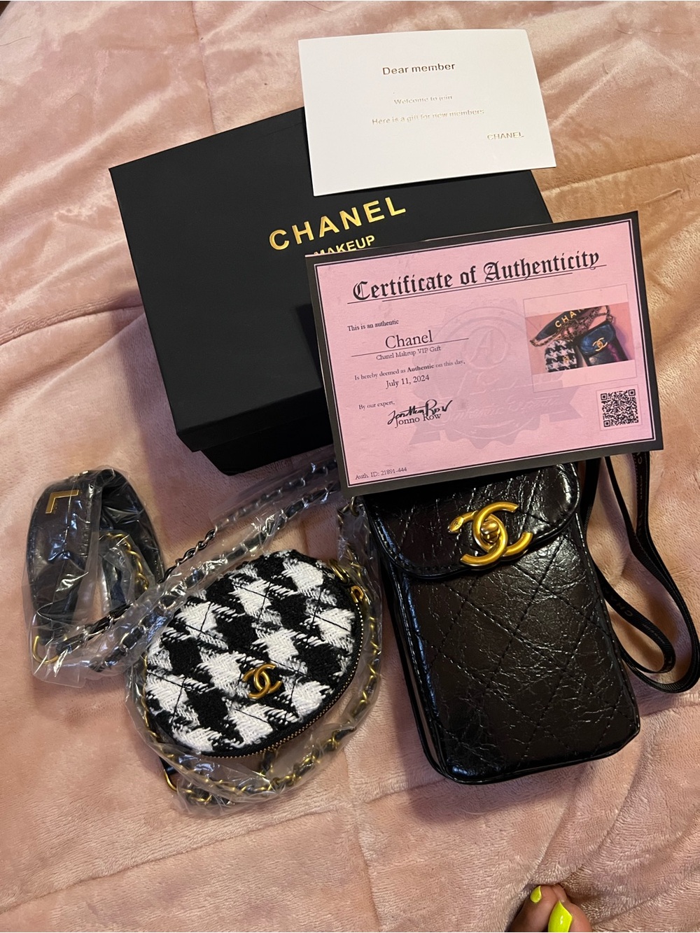Chanel Black Quilted Leather Phone Pouch with Houndstooth Coin Case with COA